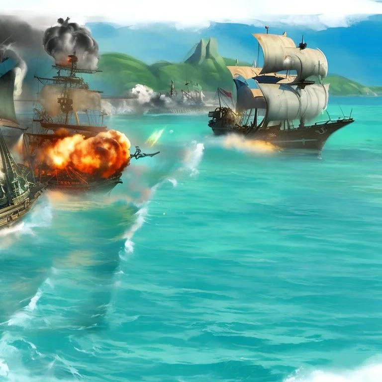 Two pirate ships fight each other at sea. Firing cannons. One ship is hit and burns after being hit.