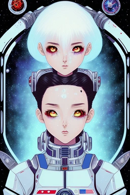 90s old school anime illustration, sci fi, portrait of a tough female space Captain girl, beautiful symmetrical face, Androgynous, pixie style haircut, sparkling or glittering black hair, pixie cut, blood splattered on her scared, rattled and shook face, space uniform is tattered and ripped with dripping blood, as if she just escaped torture, depraved art, junji ito style, pulp science fiction aesthetic, rotoscoping, violent background and undertone, space battle, feminist art, japanese horror