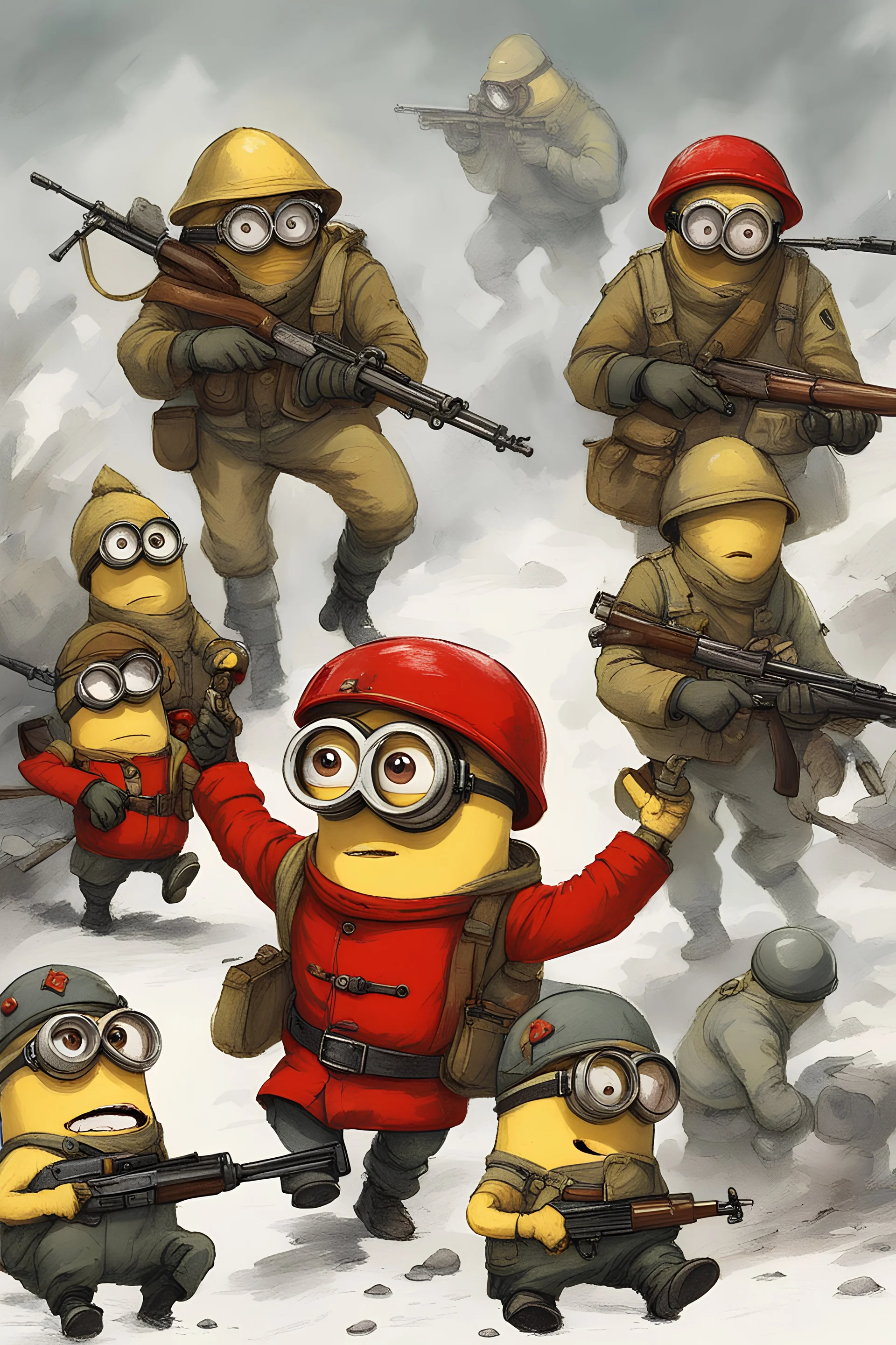 Minions in the red army in a war with an enemy. in an intense firefight under threat of gas attack