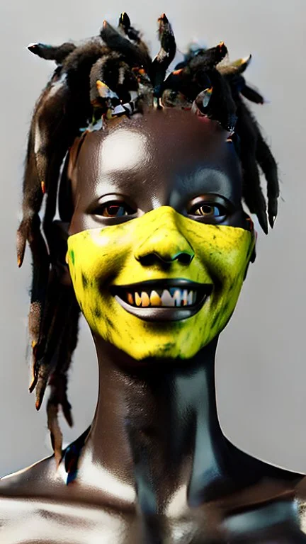 A woman has dark skin, yellow eyes and black dreadlocks. Her face has a slying smile, showing her superiority in the eyes of others. She is dressed in a steel armor with a few pieces of yellow and green fabric sticking out.