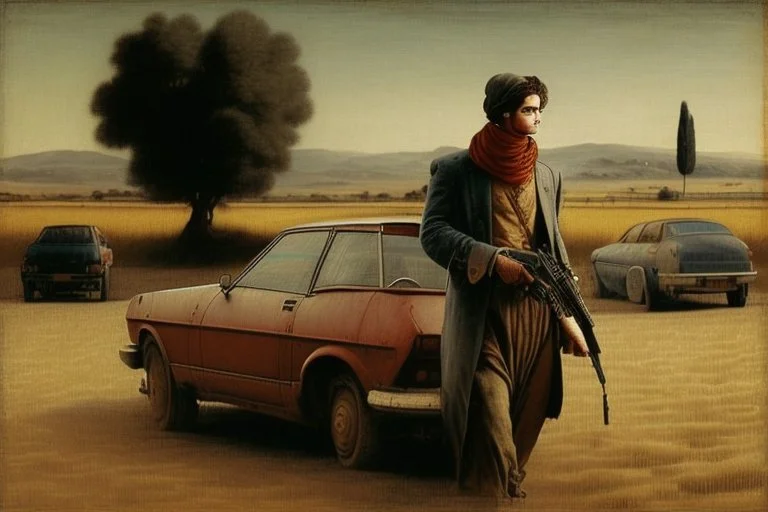 man with the gun walking among cars on dry field by andrea del sarto