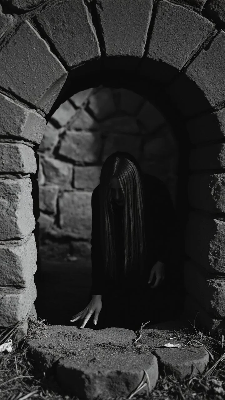 Black and white classic movie the well . A scary women wearing all black and long hair covering her face crawling out of an old well , scary scene