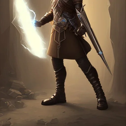 D&D character, male, long black hair, dark tan skin, artificer, holding gun, light armor, silver amor