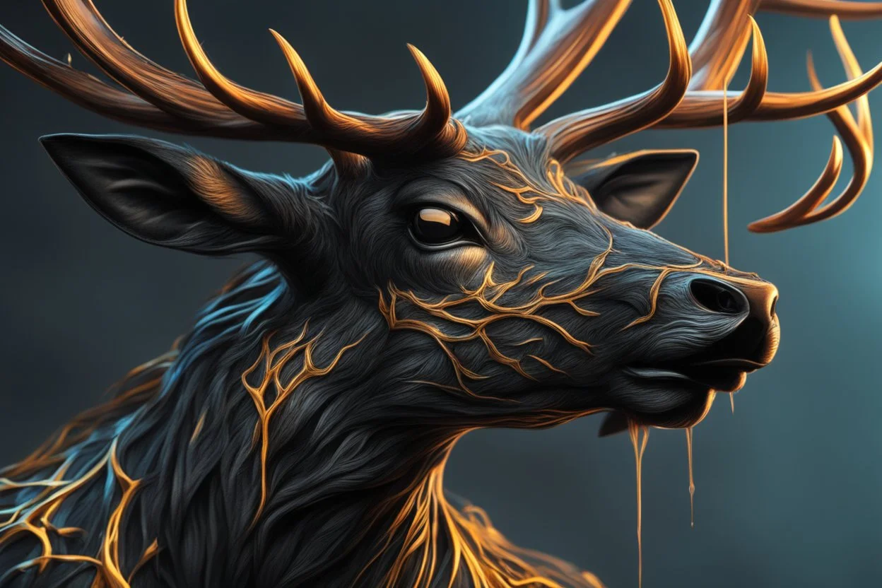 Black Shadow symbiote in 8k realistic anime e drawing style, close picture, Deer them, neon color, antlers deer, intricate details, highly detailed, high details, detailed portrait, masterpiece,ultra detailed, ultra quality