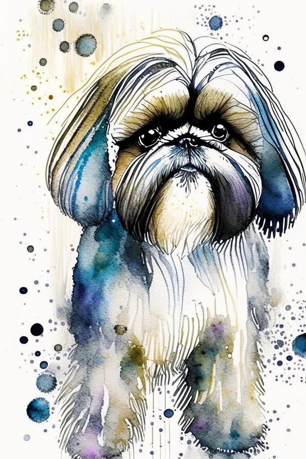 Abstract wet watercolour of a Shih tzu ink lines, interlinked circles,detailed focus on eyes
