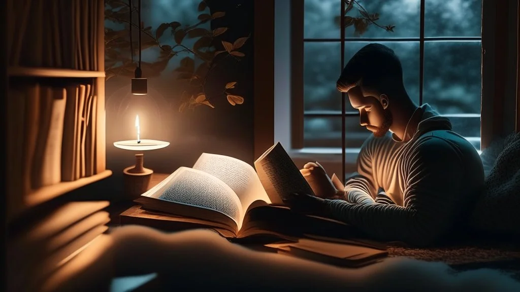 The image portrays an atmosphere of tranquility and focus, with an individual reading a book in a serene and comfortable setting. It reflects the spirit of self-improvement and personal growth, as the person appears engrossed in exploring inspiring content that contributes to their personal development and knowledge acquisition. The appropriate lighting and intricate details enhance a positive and motivating ambiance for learning and advancement.