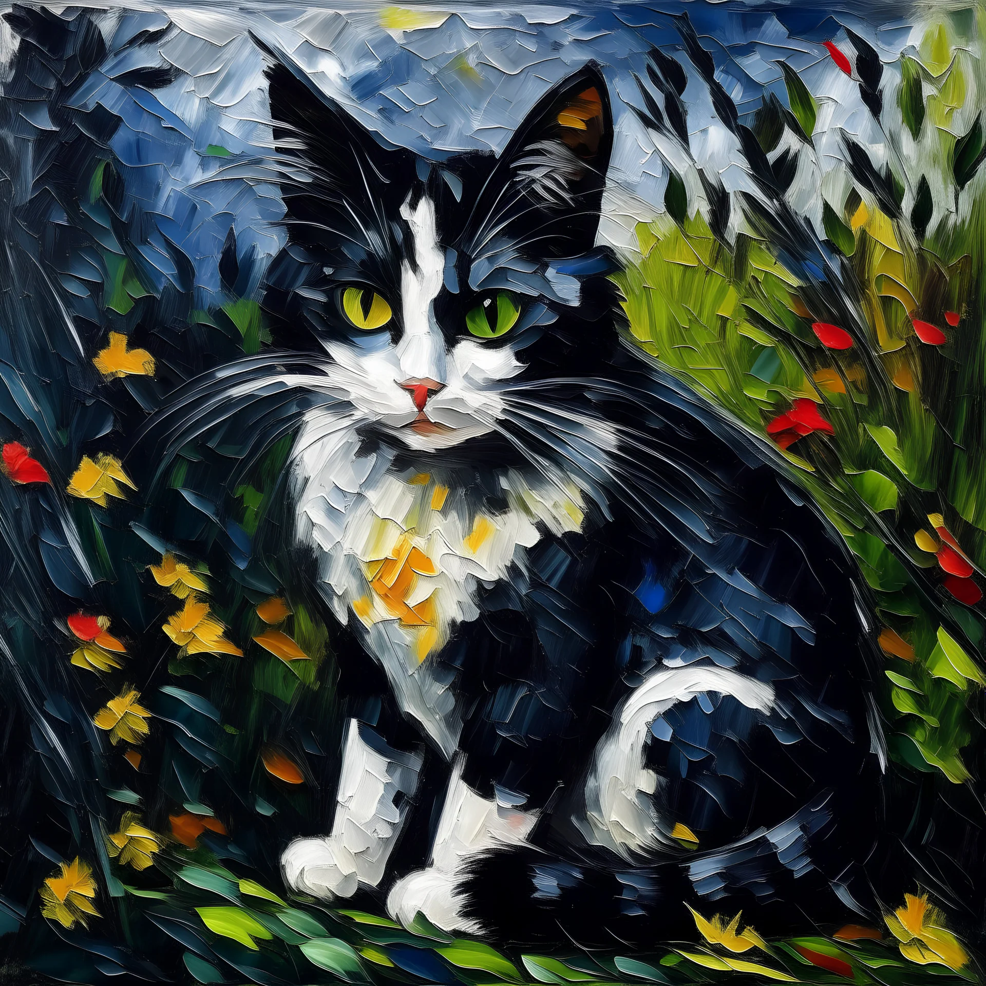 Schwarz Weiße Katze im Stil von Claude Monet