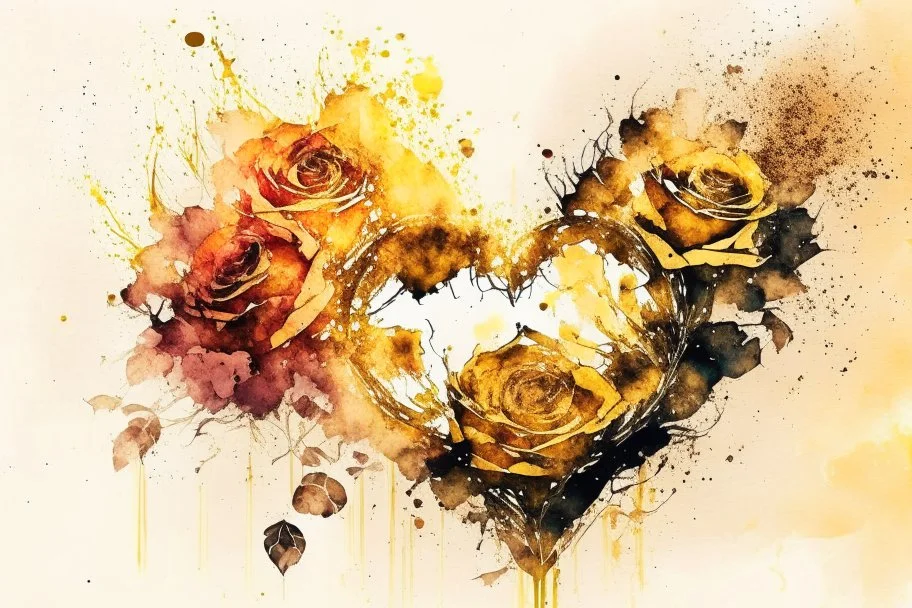 double exposure, merged layers, roses with dynamically blazing fire in ochre, ink splatter art, watercolor and ink, golden glitters, double exposure heart and love