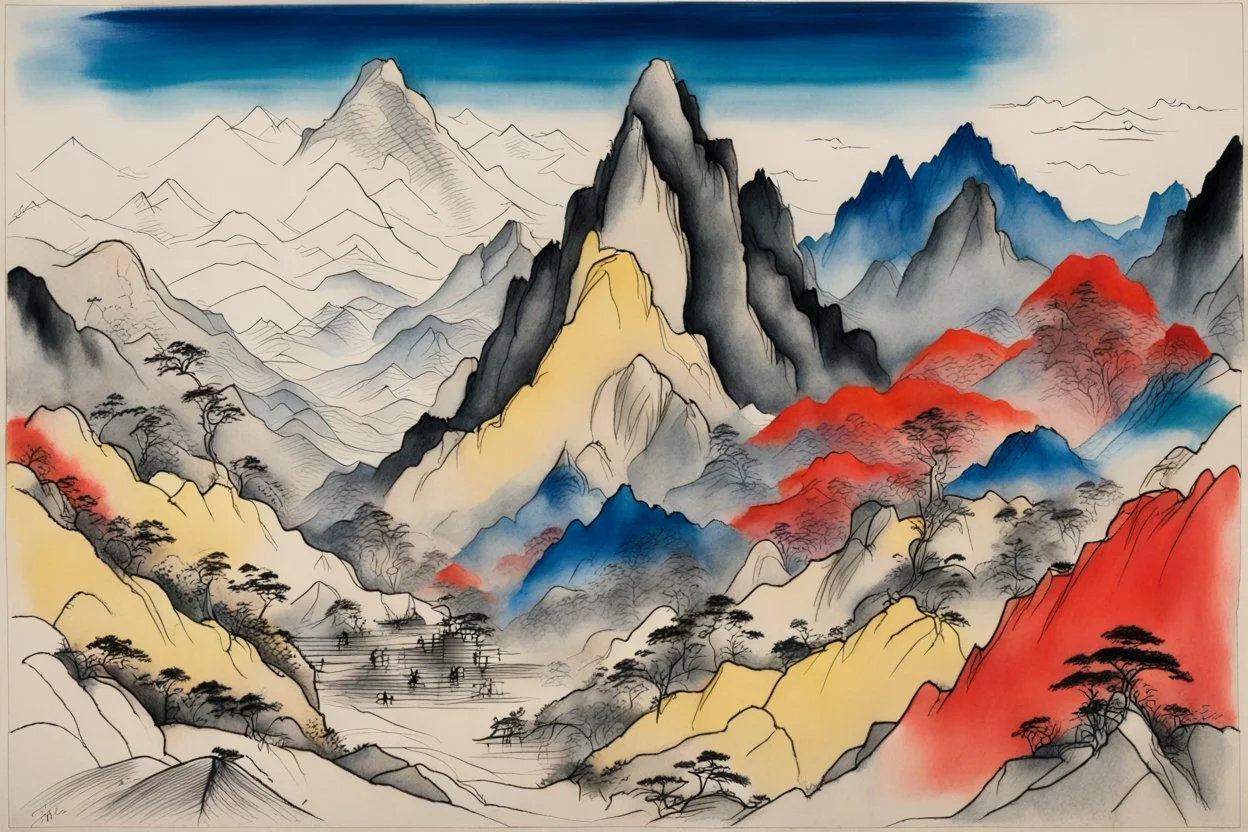 Schiță în creion de Jean Cocteau reprezentand un peisaj montan, salbatic din china , cu culori primare tari, fantezie de înaltă definiție calitate clară, stiluri de Utagawa Hiroshige, Paul Klee Dee Nickerson și Tim Burton, acuarelă și contururi cu linii fine paralele de cerneală neagră pe hârtie umeda, linii tari, umbrite