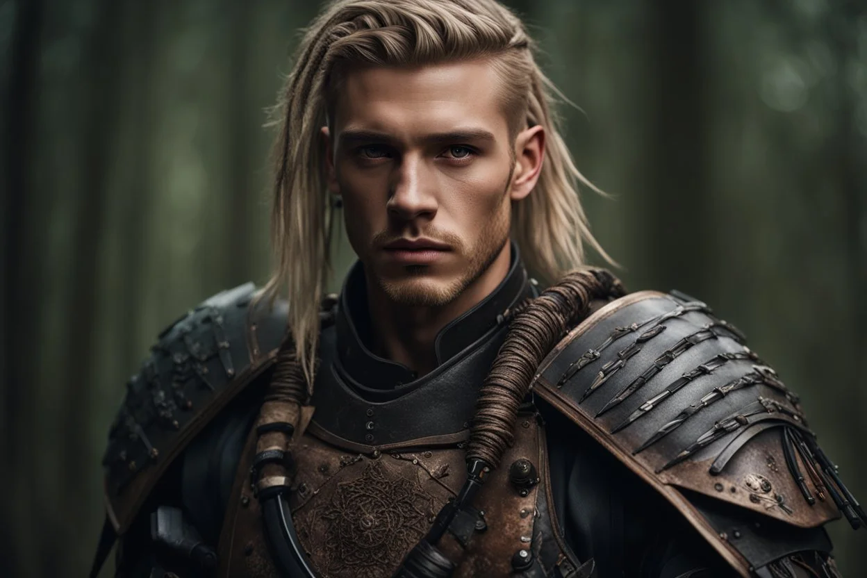 photorealistic hyperdetailed portait of 20-year-old german male, as mercenary with long blonde undercut hair, tribal tattoos and neatly trimmed beard wearing modern mercenary uniform dark fantasy forest backdrop