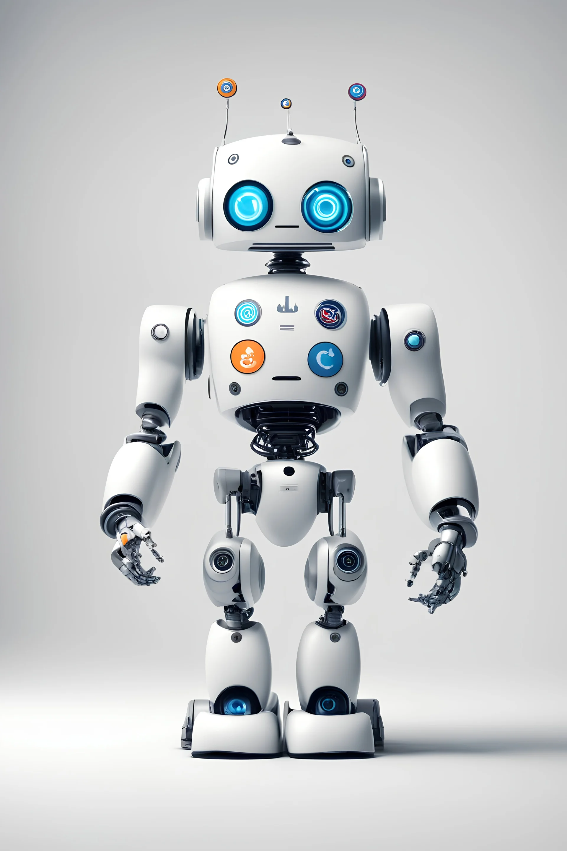 cheerful robot looking at logos of different companies, background white