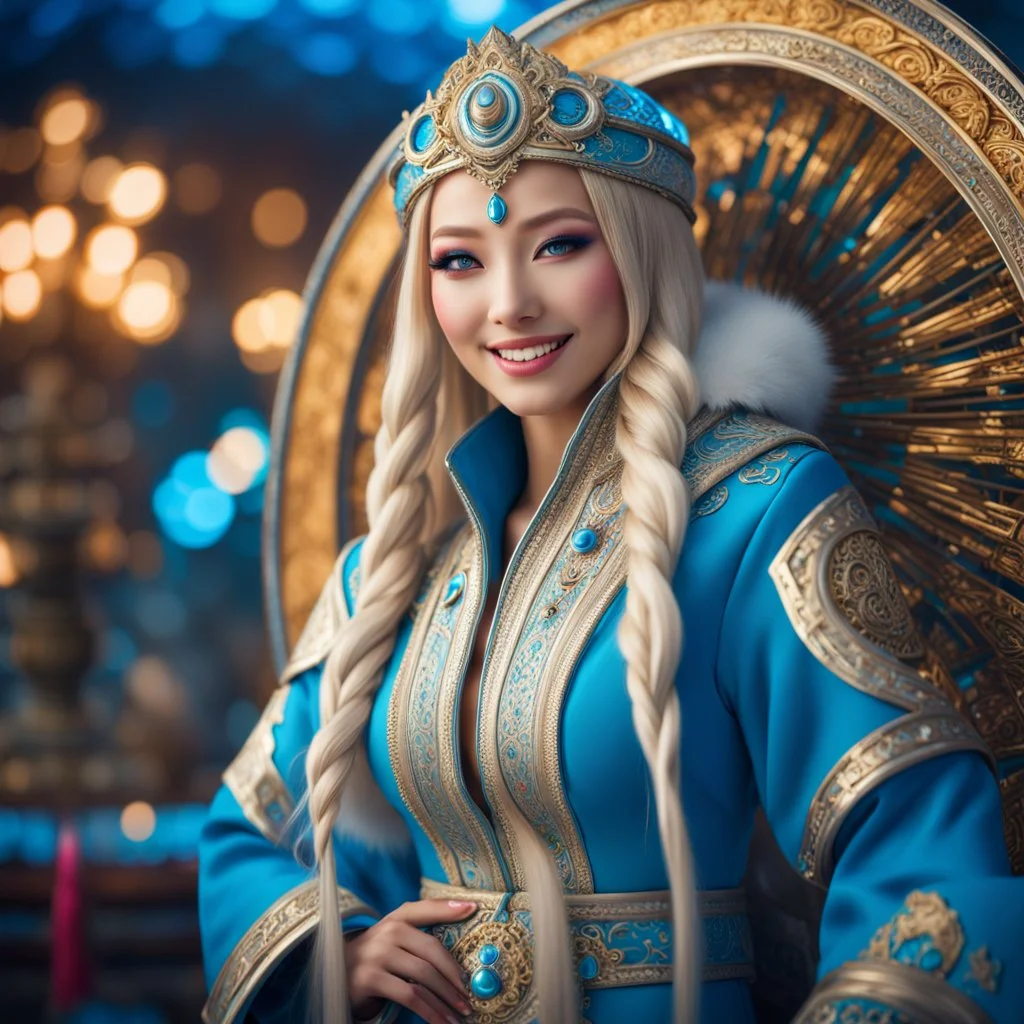 (masterpiece, best quality, 8k, RAW photo, beautiful and aesthetic:1.2), complex detail, Indirect light, photorealistic, (((full body))), 2 Gorgeous Cosmic russian asian goddess smiling, long curved blonde hair, blue eyes, Mixed, sci-fi and traditional russian outfit with white furs and chapka, colorfull Sci-Fi environment