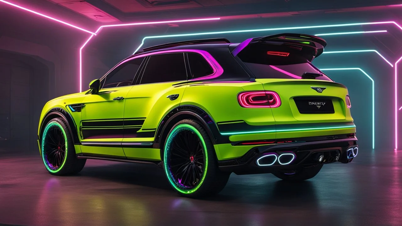 Bentley Bentayga Mansory Cyberpunk 2077 neon Style Rear View, Super Detailed, desktop wallpaper, 4K