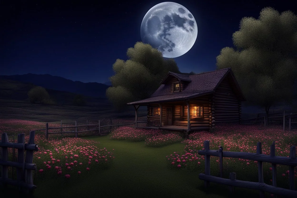 Dry trees, night, full moon, cabin, yard with flowers, fence, photo hd