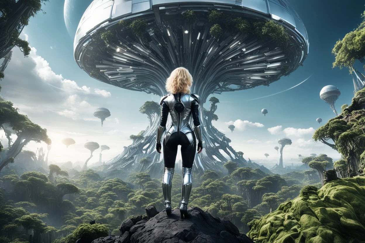 Wide angle photo of a slim sci-fi woman with blond hair, wearing a silver and black futuristic spacesuit looking android-like, standing on an alien cloud tree jungle planet