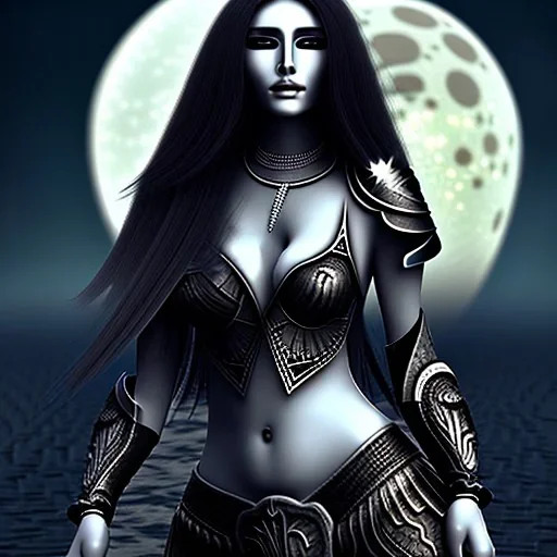 black long hair lady warrior top black eyes under the Moon