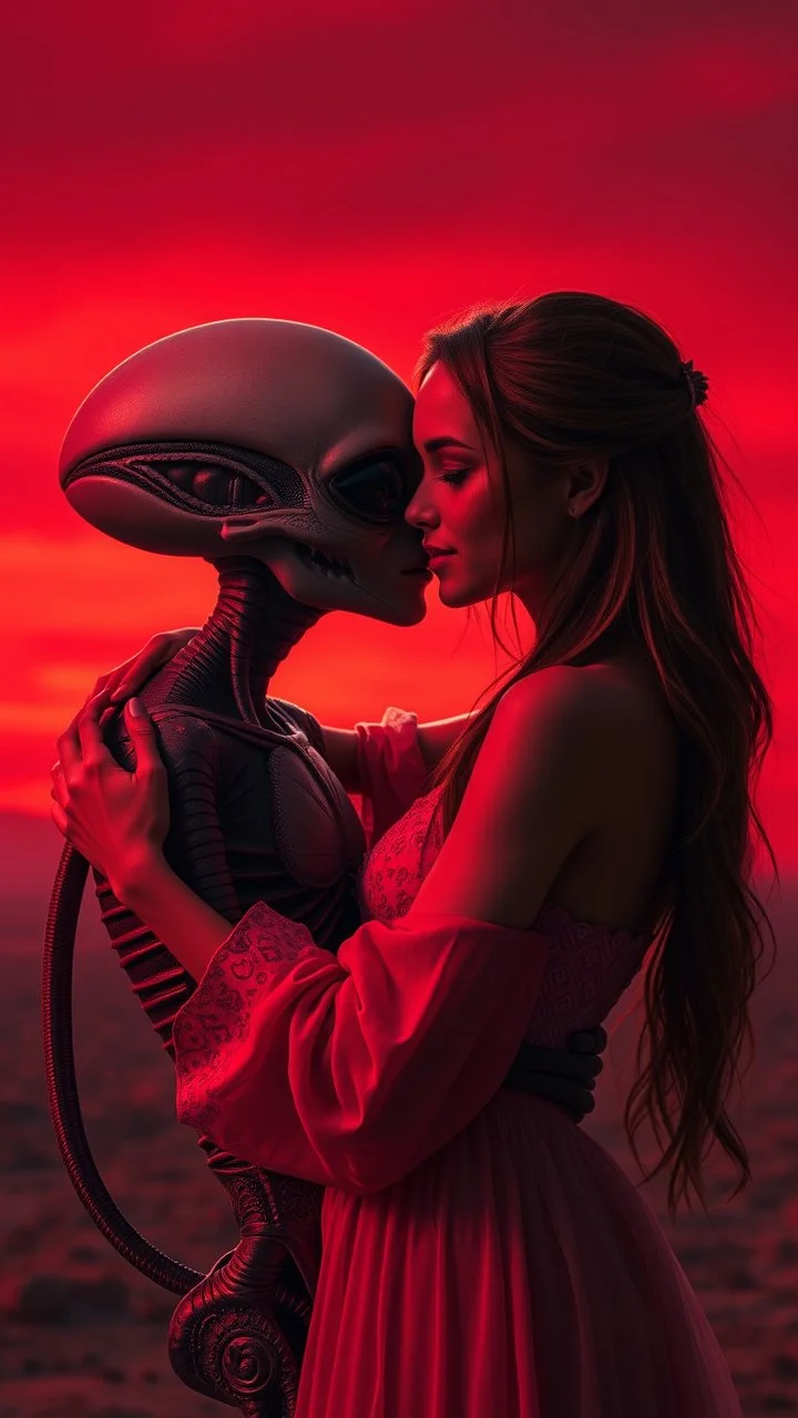 A beautiful girl hugging an alien, they are kissing each other with romantic themes background is a vivid red sky, and the lighting creates a dramatic and otherworldly atmosphere