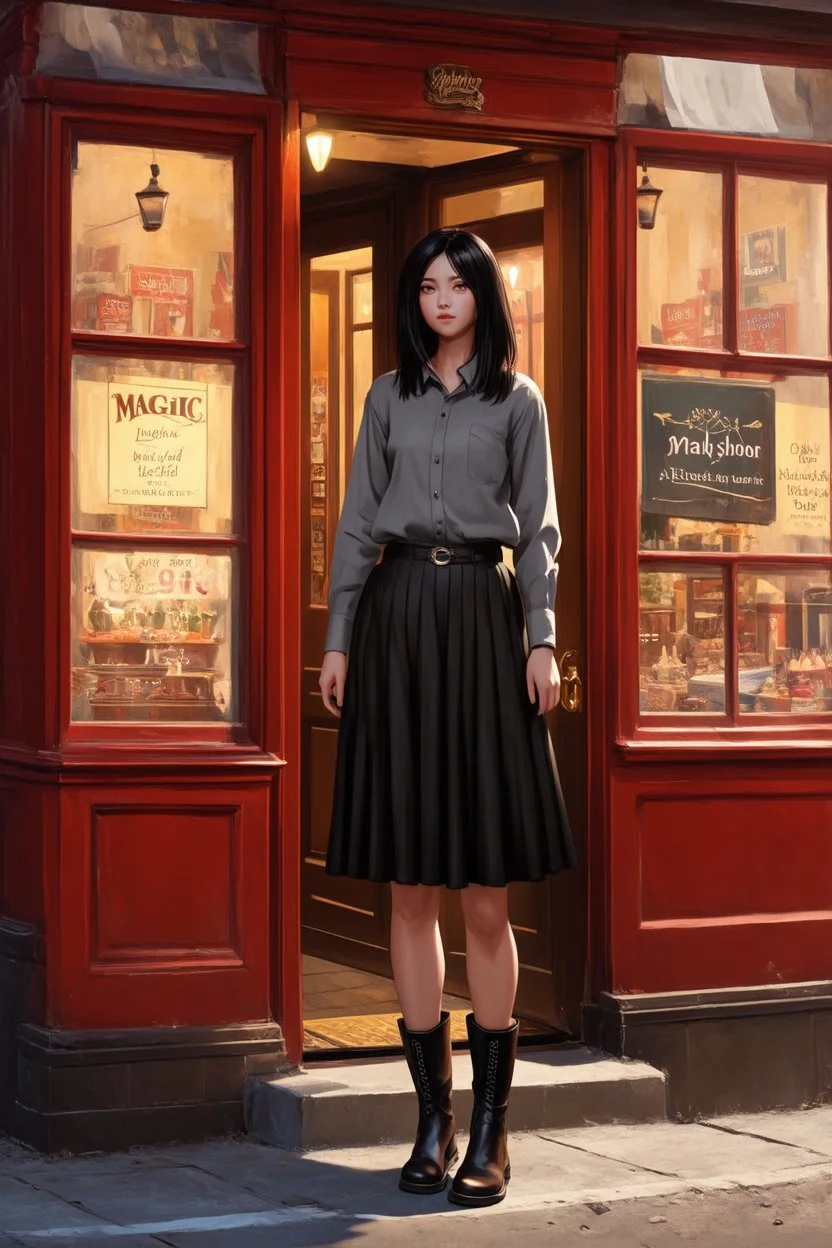 Photorealistic image of a young woman with dark hair, in a black ankle length skirt, boots and shirt, standing outside an old magic shop front with large red painted multi-paned picture windows on either side of a multi-paned doorway.
