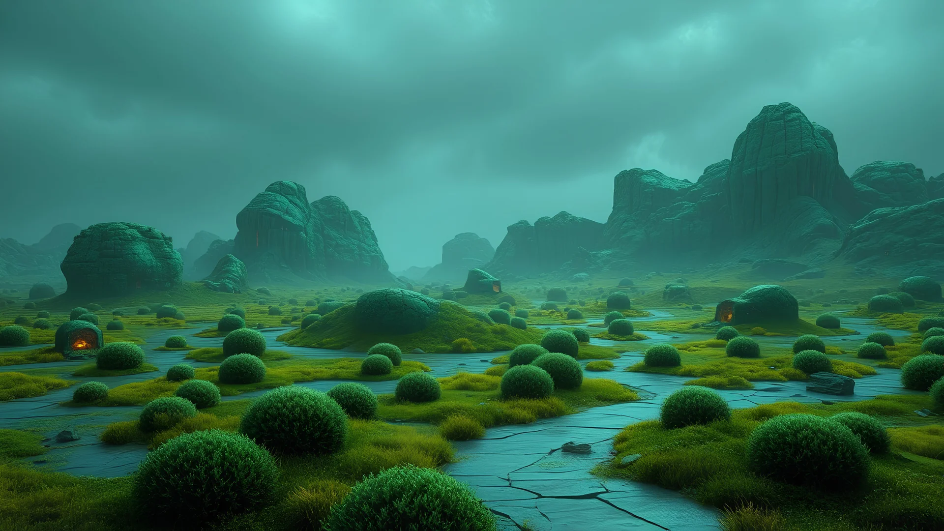 landscape covered in green copper patina that looks futuristic with futuristic lighting, realistic rendering