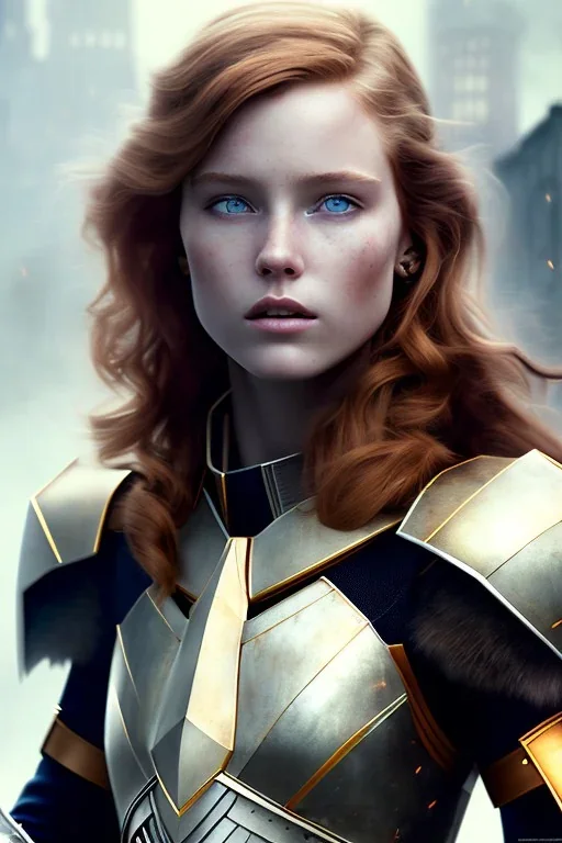 ultrarealistic, concept art, ruined city,__intricate fantasy armor__, no star, __angles__, 18 year old woman, strikingly beautiful,ginger hair, _colour_, (pale __skincolor__ skin:1.2), __camera__, _hair_, detailed face and eyes, medium breasts, sci-fi theme, freckles, dynamic pose, resolved expression, __accessory__, strappy outfit, (straps:1.1), sword in scabbard on left hip, (buckles, buttons, snaps, rings:1.0), haltertop style breastplate, detailed eyes, plump lips