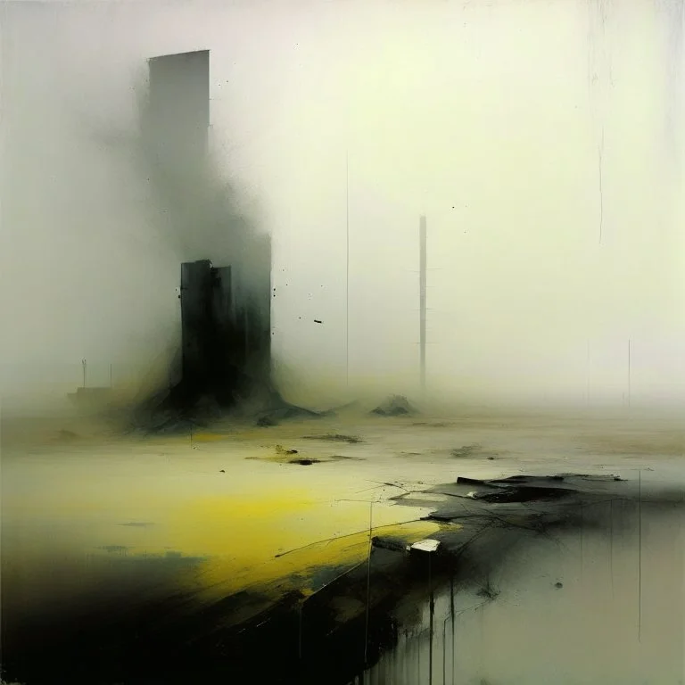 Contemporary abstract painting of wasteland techno decaying landscape. Hazy foggy sky. Concrete ground. Exposed twisted concrete. Style Justin Mortimer and JMW Turner.