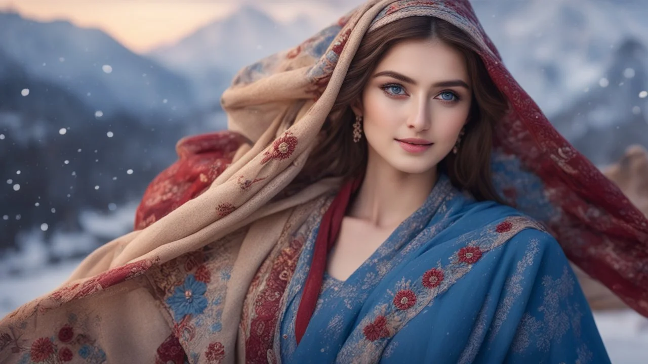 Hyper Realistic close-up-view of a Gorgeous-Happy-Young-Pashto-Women-with-beautiful-blue-eyes & whirling wearing blue-grey-dress & beige-shawl-with-maroon-embroidery on mountains-with-flower-garden at snowfall night withy dramatic & cinematic ambiance