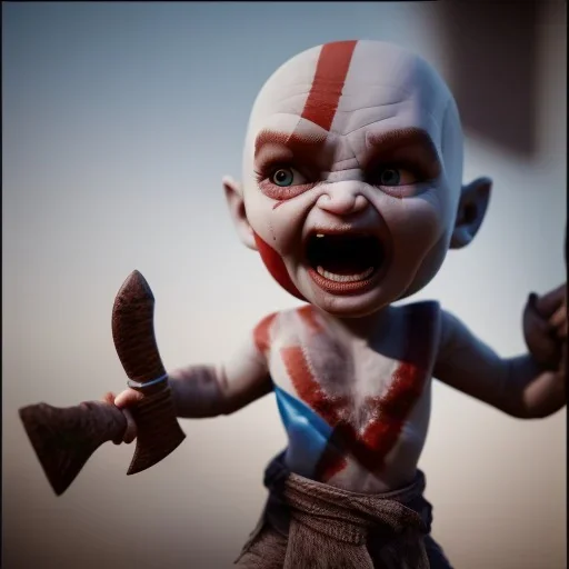 Cute baby video game god of war krotos, holding axe, mytology, 8k resulation, cinematic, cinema4d, hyper detailed, cinamtic lighting, octane render, unreal engine 5, realistic