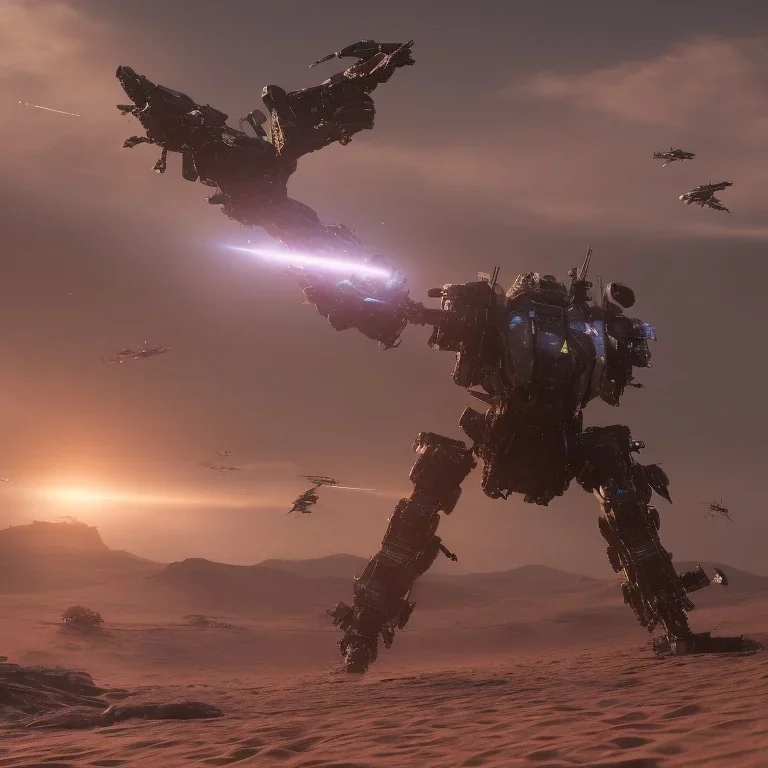 Armored Core machine robot fights another Armored Core fly in the sky in the desert with the ocean where you can see the space in the sky with the twilight on the horizon, 4k resolution