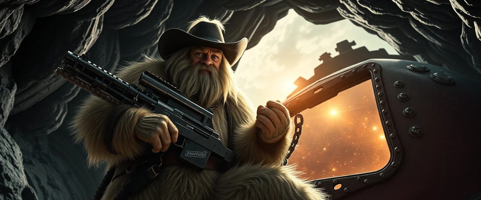 movie poster, portrait interview cowboy Abominable Yeti climbing outside space ship in cave holding huge mounted chain gun