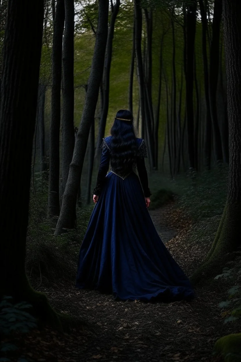 A princess in a dark indigo dress and very long black hair walks through a dark forest full of trees with her knight