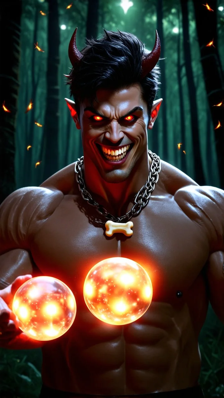 HYPER REALISTIC PHOTOGRAPHIC Middle Angle View Of A Handsome Muscular Young Man With Ritualistic Costume With Bone Necklace Unleashing Glowing Magic Balls, With A Fierce Devilish Smiling Expressions On His Face With Glowing Red Eyes With Short Messy Black Hair In A Dark Dense Jungle At Dark Night With Fireflies Showing Dramatic & Cinematic Ambiance