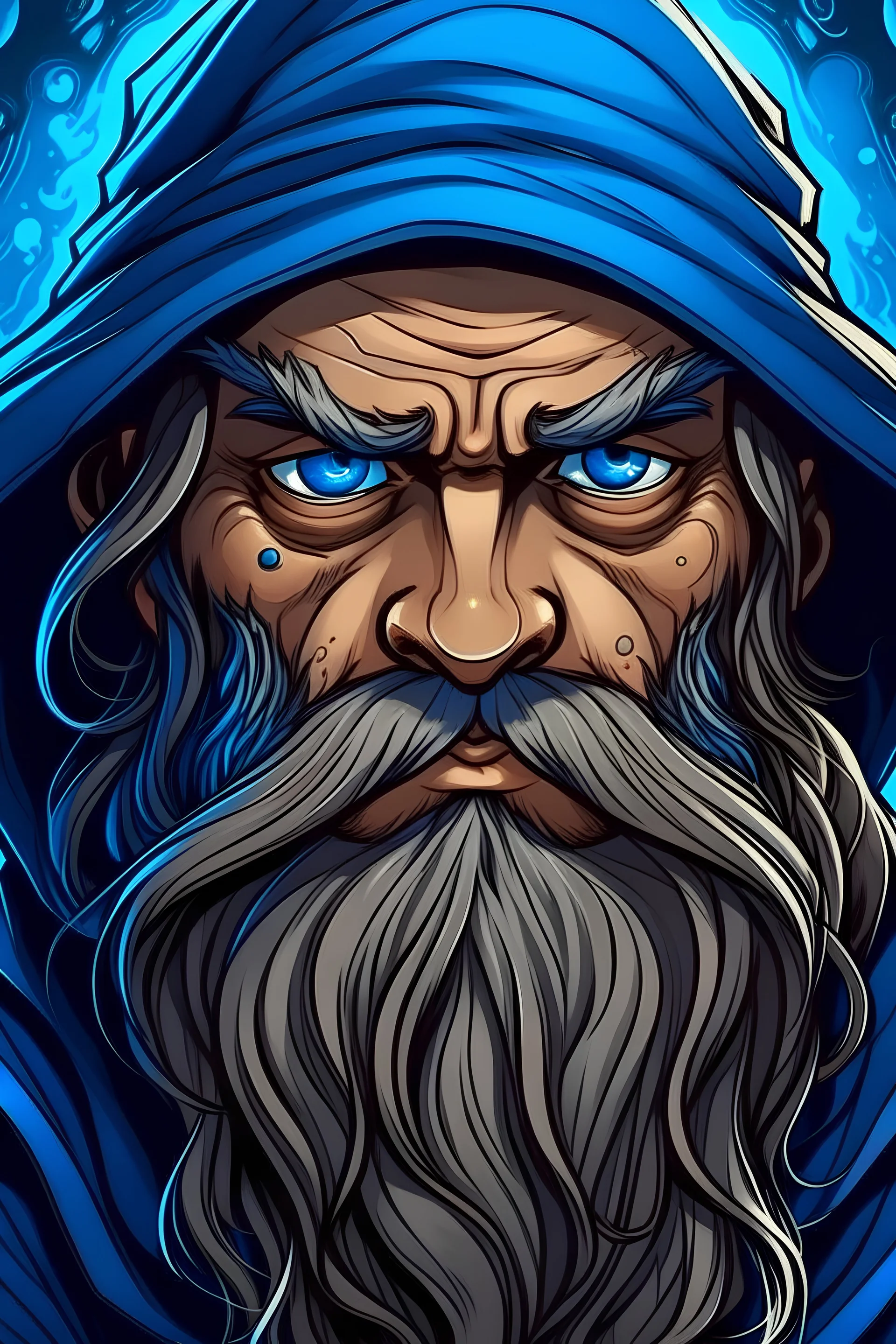 wizard, noble face, blue eyes, full beard, long hair, digital comic style