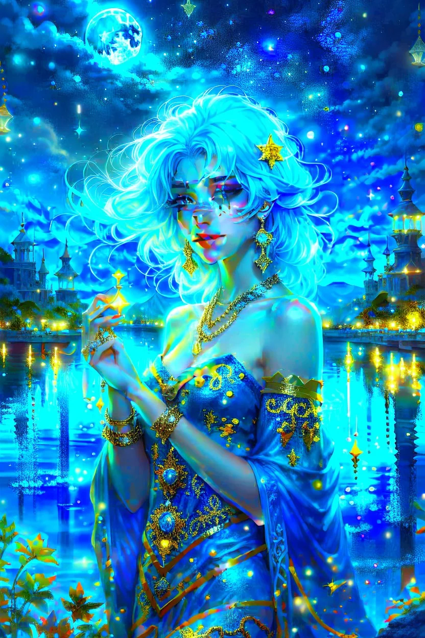 A beautiful girl with glowing starry eyes. And with turquoise hair decorated. And full body. Holds 10 glowing glass beads with a moon inside .girl void. full body Glowing golden eyes and white hair. Standing on a land of water embellished with sapphires and ornate trees. And beautiful buildings. And a sky full of star. realistic