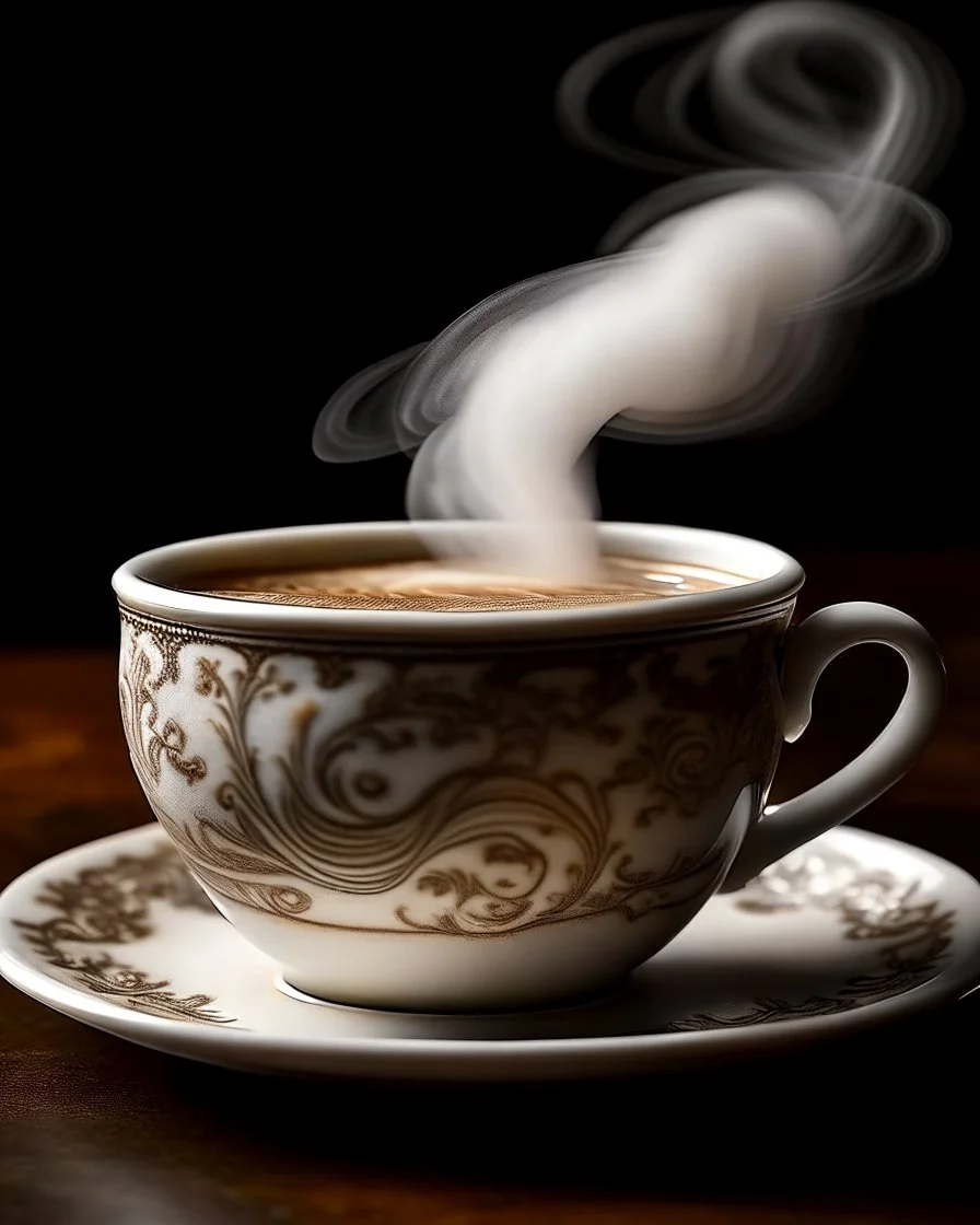 A steaming cup of tea with a splash of creamy milk, swirling in delicate patterns as it blends together.