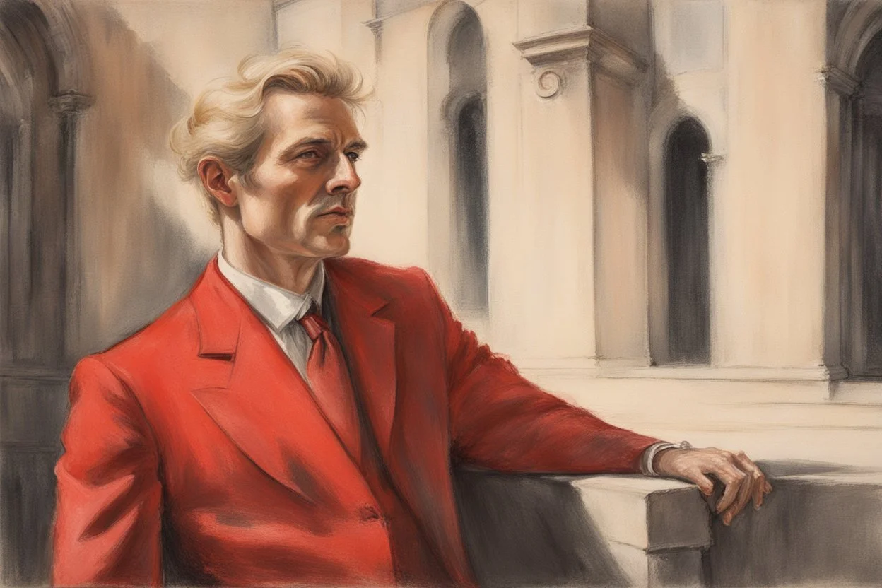 elegant blonde man in firenze in red costume in sunshine, shading pastel and charcoal