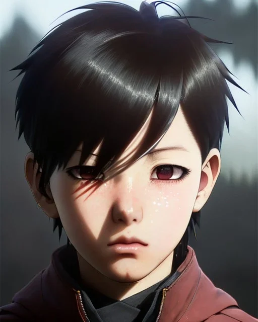 Detailed young anime boy crying, dark brown hair , intricate details, full body portrait, keep head in frame, slight, black Japanese motif, concept art, highly detailed, digital painting, concept art, sharp focus, illustration, art by Yoji Shinkawa, WLOP and greg rutkowski and alphonse mucha and artgerm and yanjun Chen and Junji ito and Makoto Shinkai, HDR, octane render