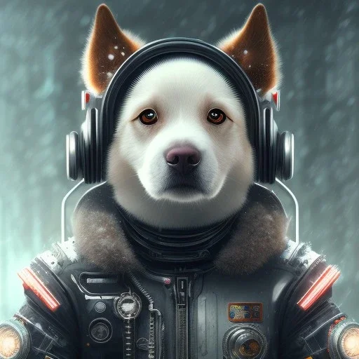 Cyberpunk Portrait of cyborg dog child with brown hair and with cute face, north pole snowy vibe , perfect composition, hyperrealistic, super detailed, 8k, high quality, trending art, trending on artstation, sharp focus, studio photo, intricate details, highly detailed, by greg rutkowski