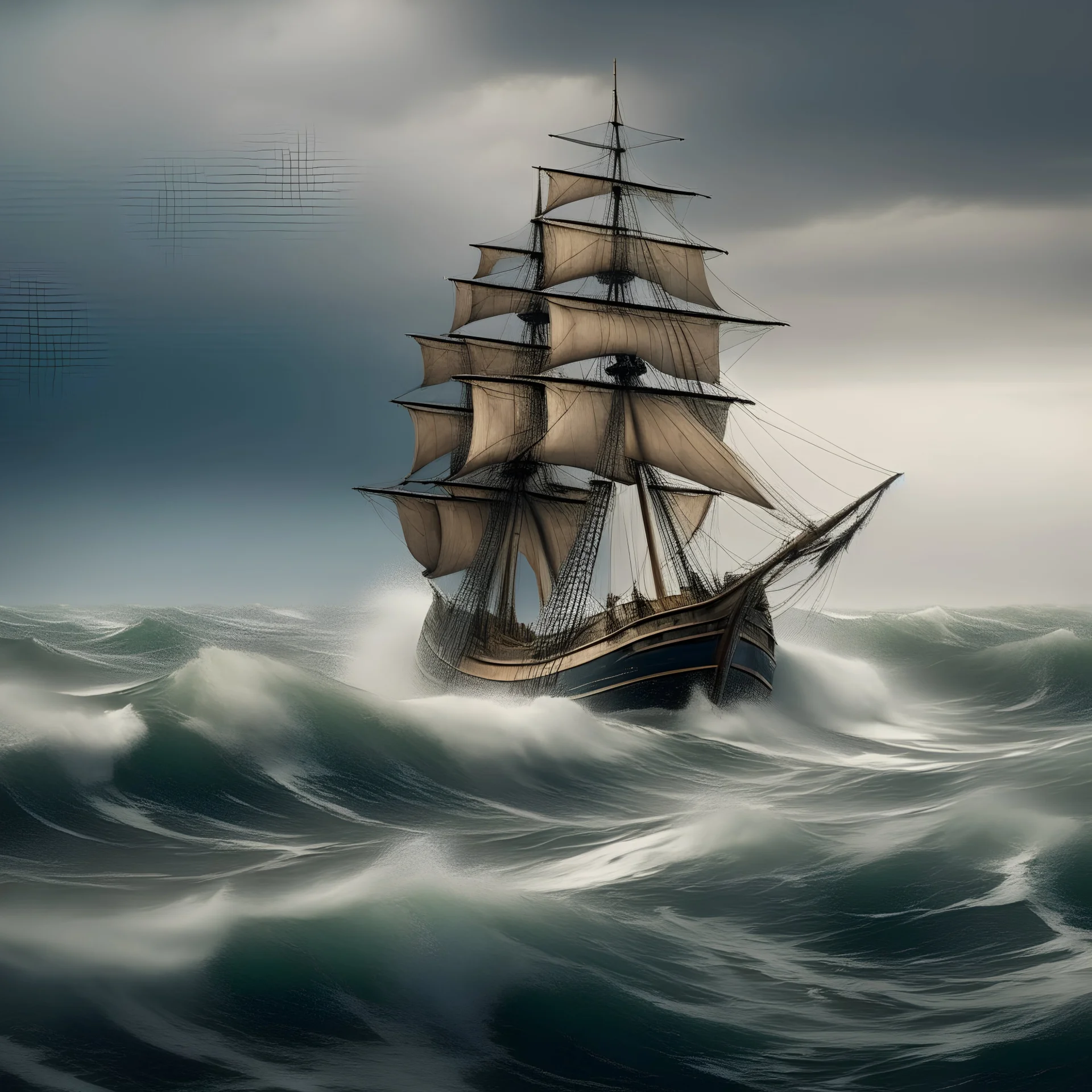 A sailing ship in a rough sea