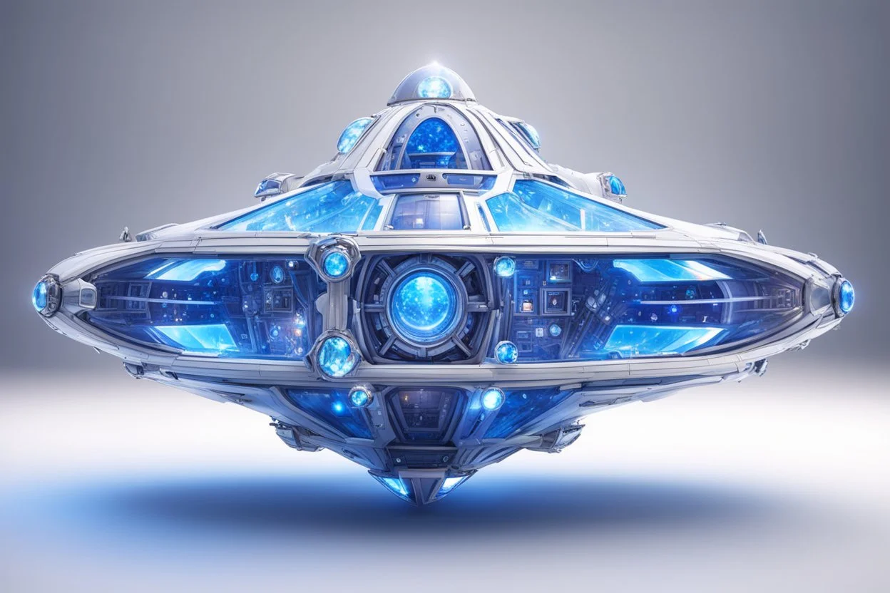 beautiful bright futuristic cosmic spaceship with crystal jewel windows and to the bottom magic bluebeam