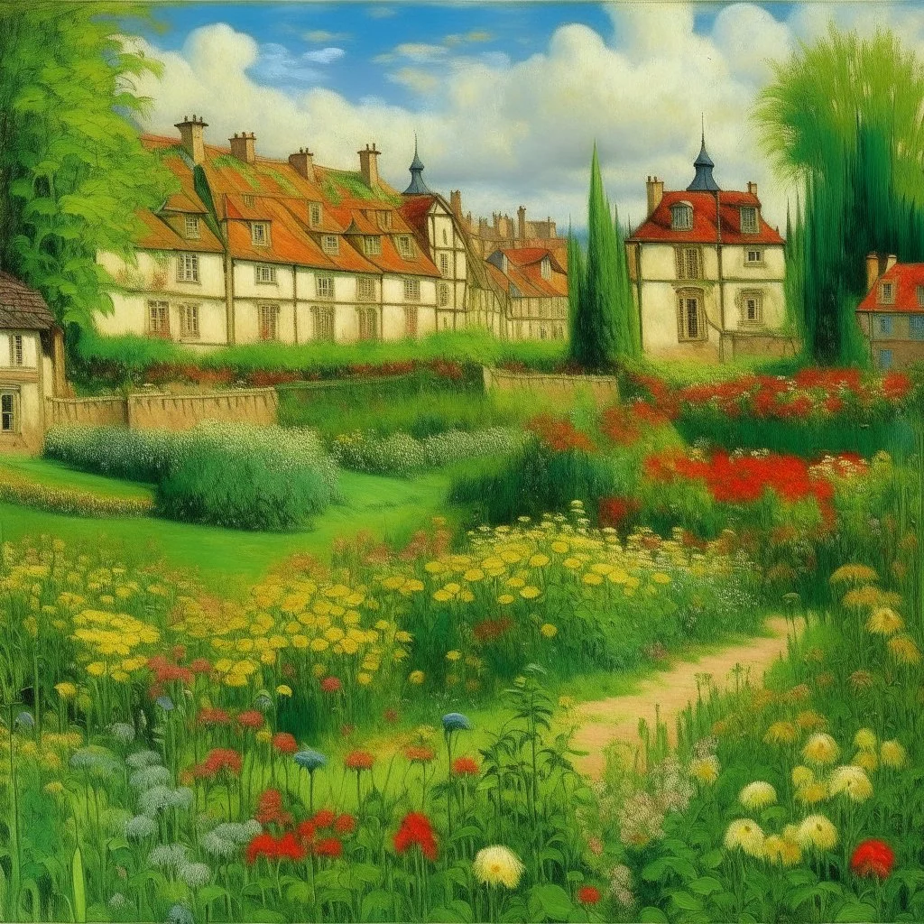 A green grassy town with flowers designed in Mayan architecture painted by Alfred Sisley