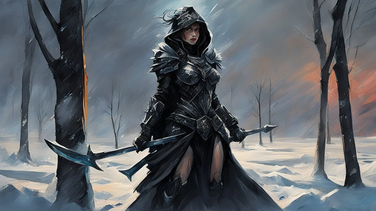 a warrior woman in black armor on the background of a cold snow-covered country, ice and crystal, frost and snow, oil and pastel, by Leonid Afremov & Benedick Bana & Atelier Olschinsky & Ian McQue