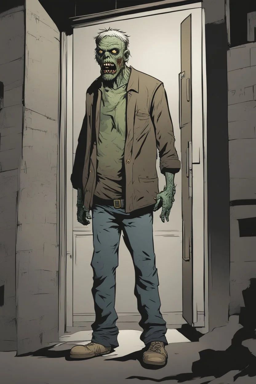 zombie, portrait, comic book, full body, standing, mean, illustration, looking sideways