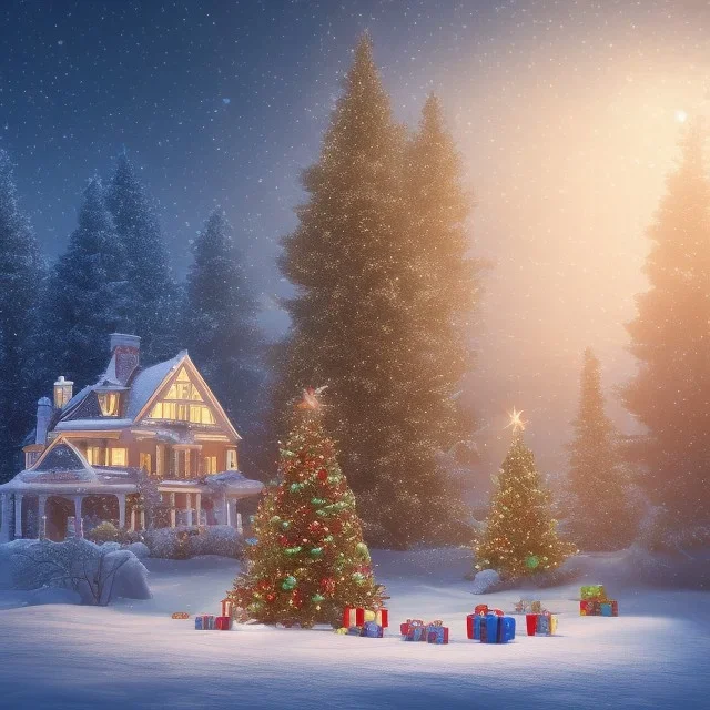 foto realistic winter house with a illuminated christmas tree and presents in the night