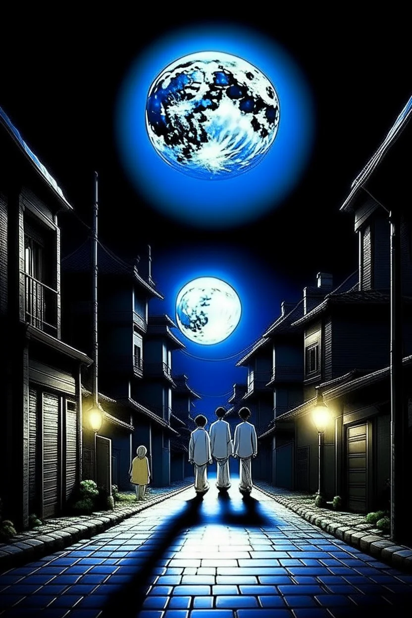 THE MOON HIDDEN SHADOWY FIGURES LABIRINTHINE STREETS meeting big brother STYLE OF HIROKU OGAI