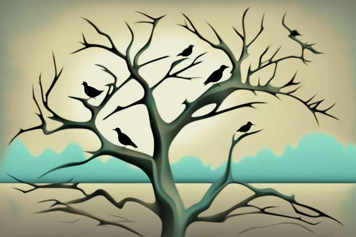 abstract birds perched on branches of crooked tree, in the style of masssurrealism --s 500 --v 6.0