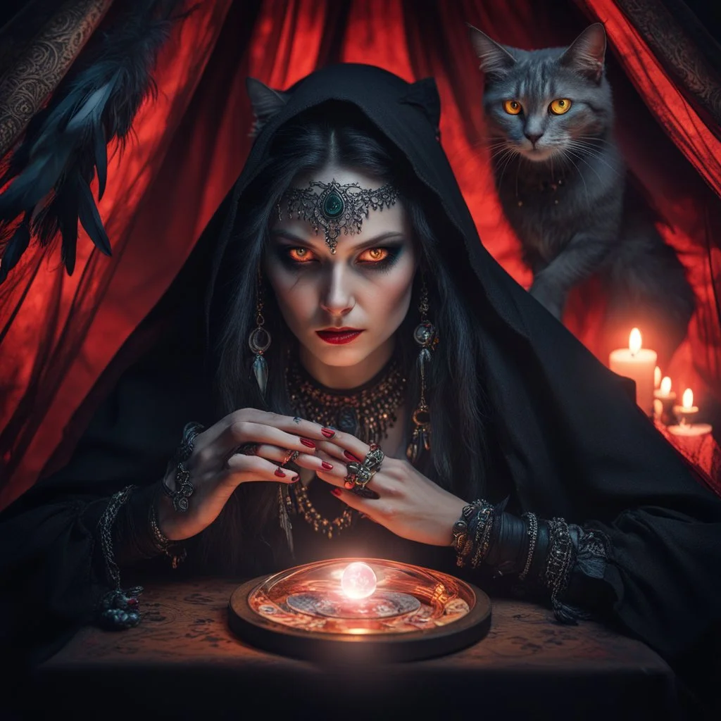 Hyper Realistic photographic-view of Wicked-&-Beautiful-Fortune-teller-with-glowing-red-eyes wearing black-beed-necklace-&-bracelet angrily Looking at her crystal-ball glowing magically & sitting in her tent with a horrifying-black-cat at dark-night decorated with fancy-traditional-feathers, tarot-cards-&-mini-crystals showing dramatic & cinematic ambiance