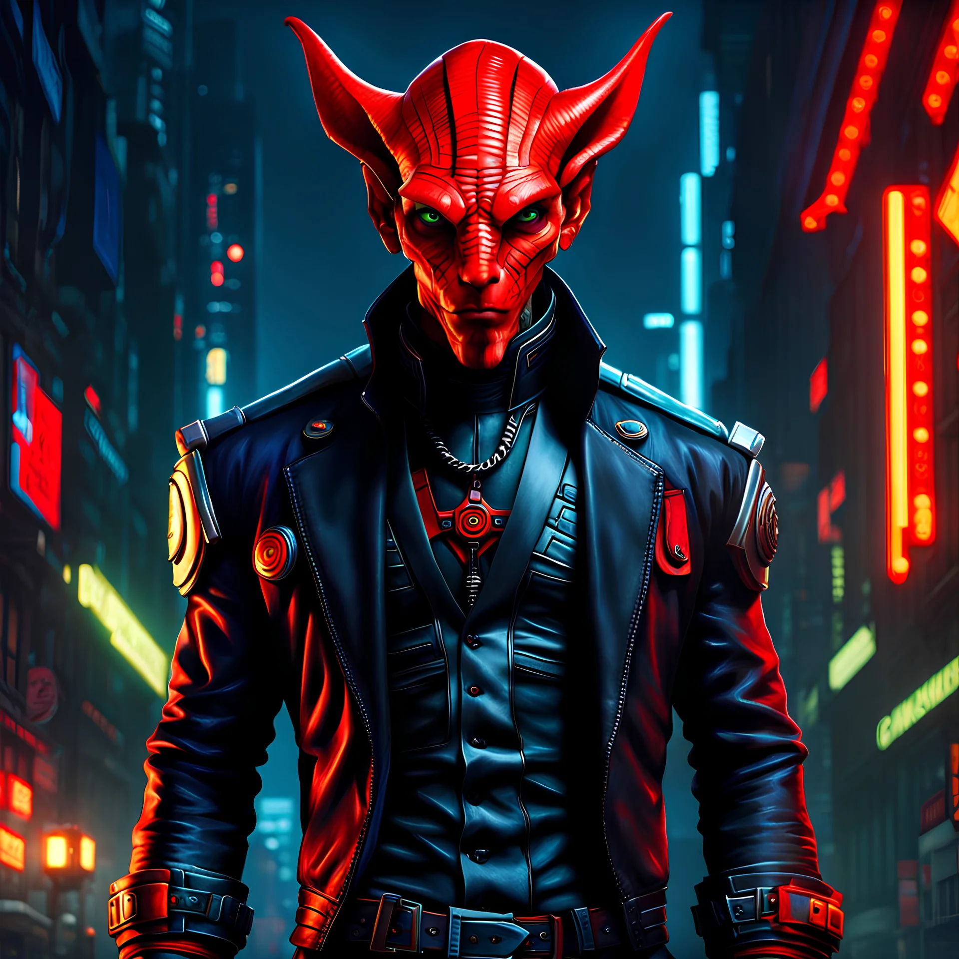 handsome suave charming masculine male twi'lek wearing a black jacket, red skin, cyberpunk style