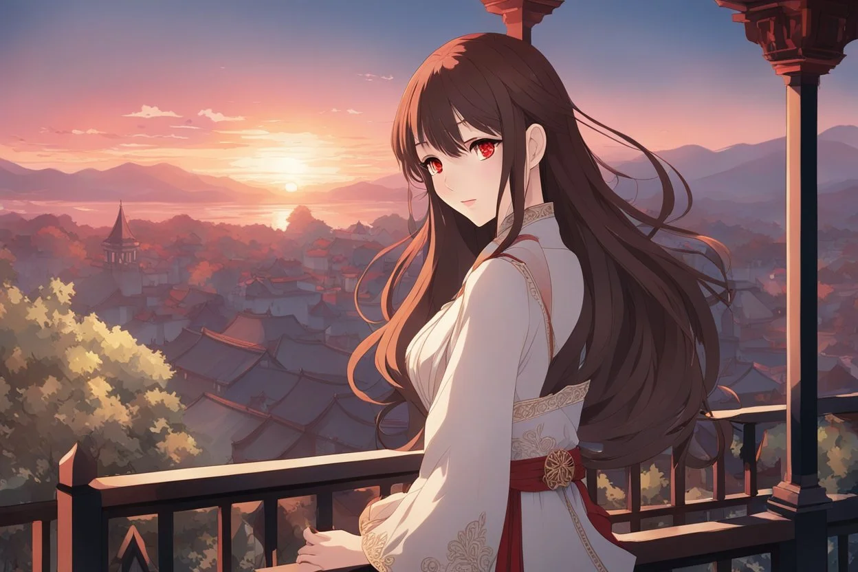 woman with long brown hair, red eyes, pale skin, highly detailed, intricate background, standing on a balcony during sunset, contemplative, anime style, Genshin Impact inspired, dynamic composition