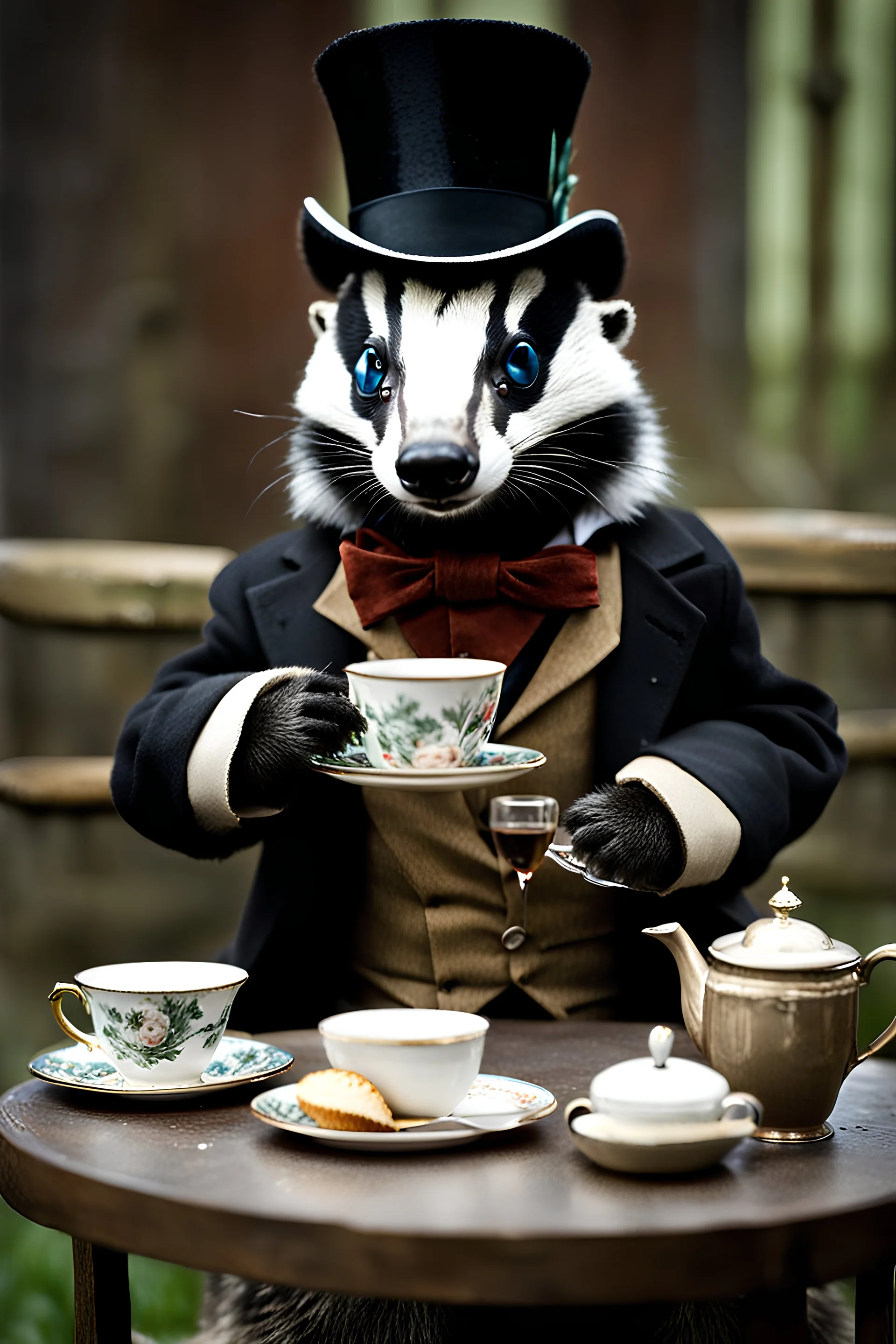 Anthropomorphic European badger wearing a tophat and having a tea party with his other anthropomorphic animal buddies. Photograph.