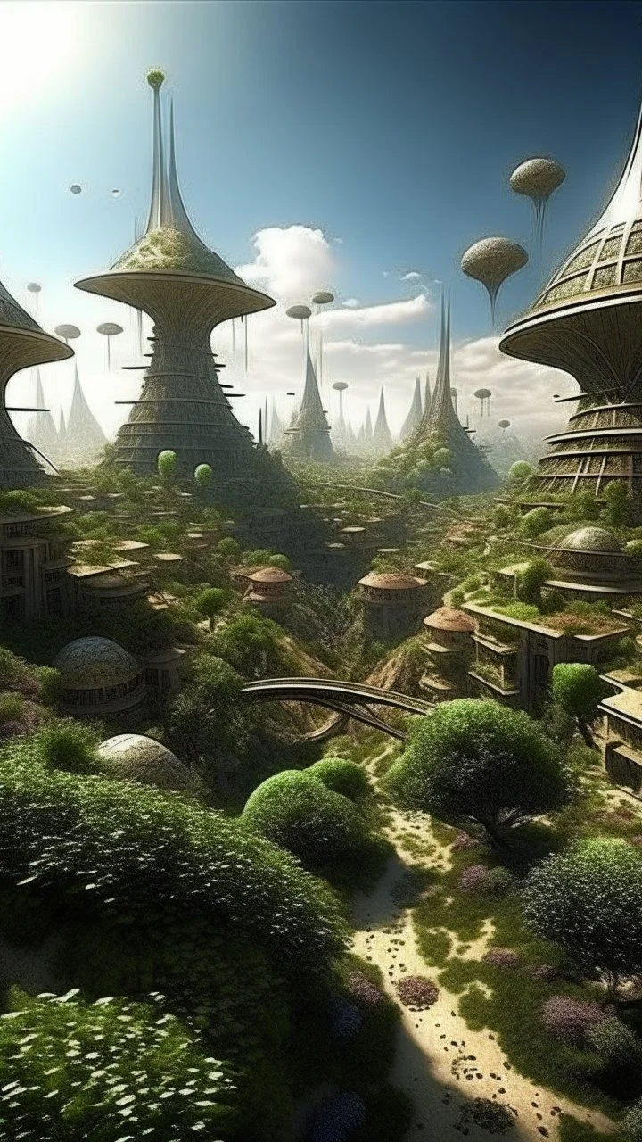 alien city, Mediterranean garden, busy city